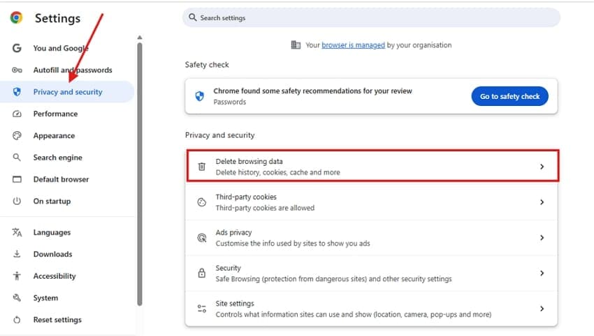 select privacy and security settings