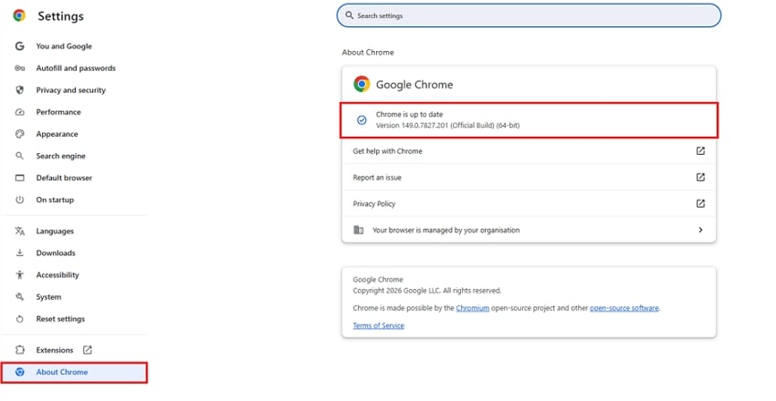 verify chrome browser update