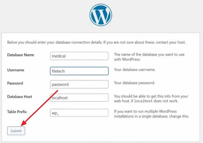enter database connection details