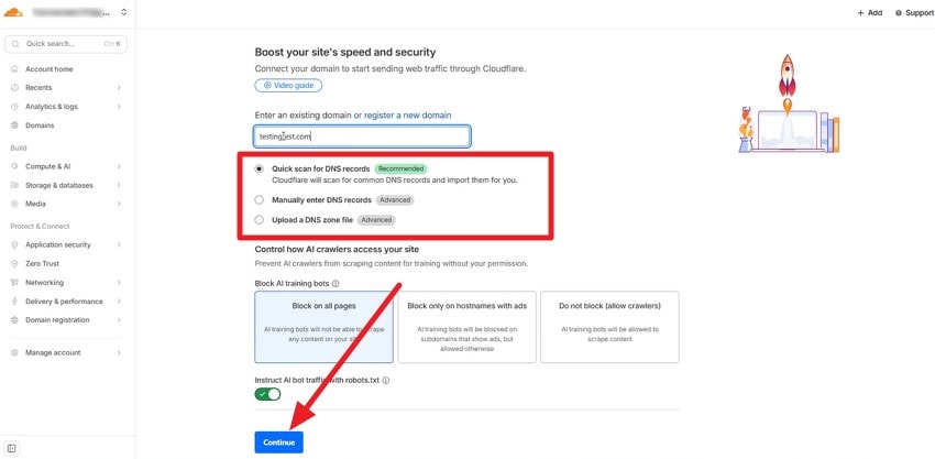 enter domain and open dns settings