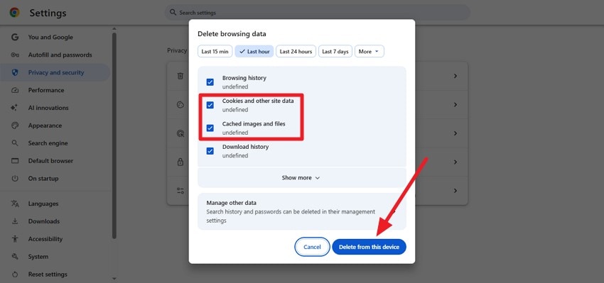 delete browser cache and cookies