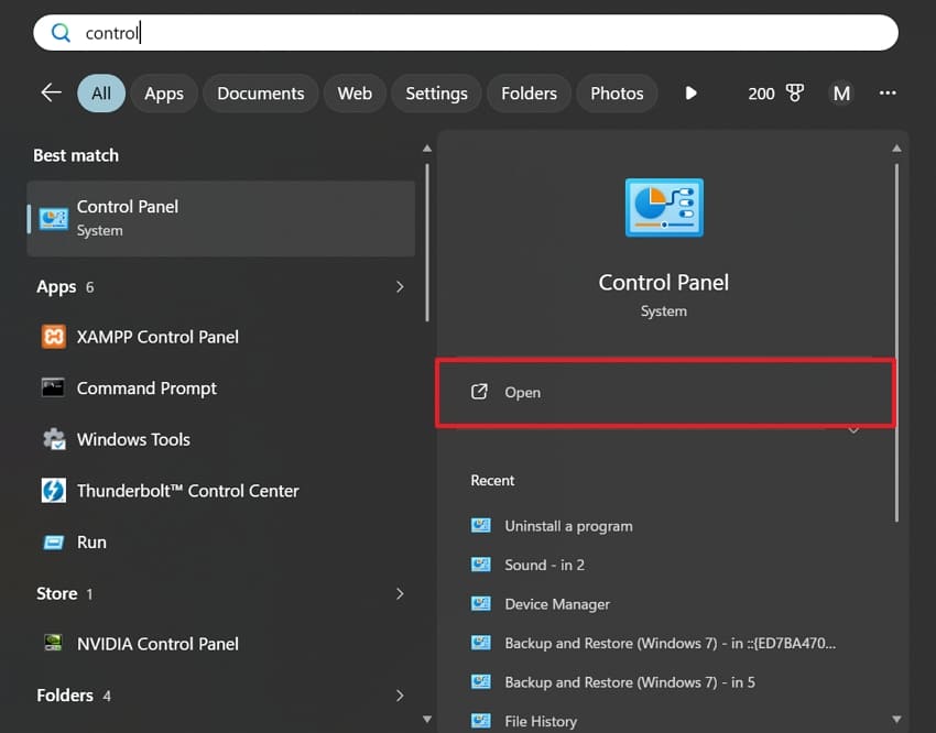 open control panel