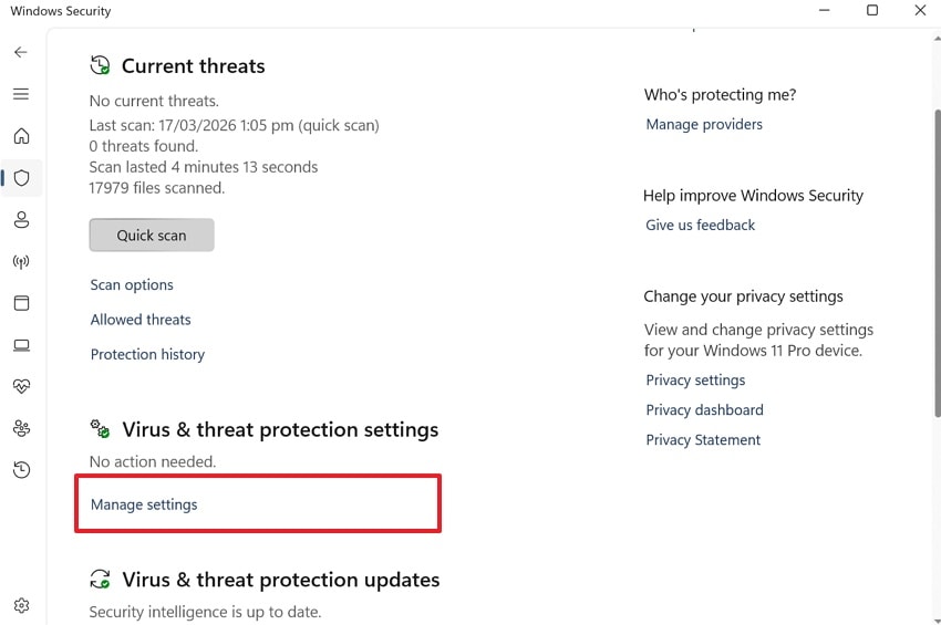 manage virus protection settings