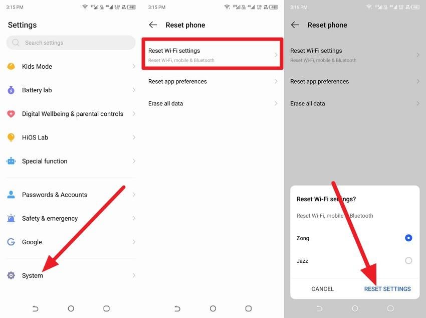 reset the settings