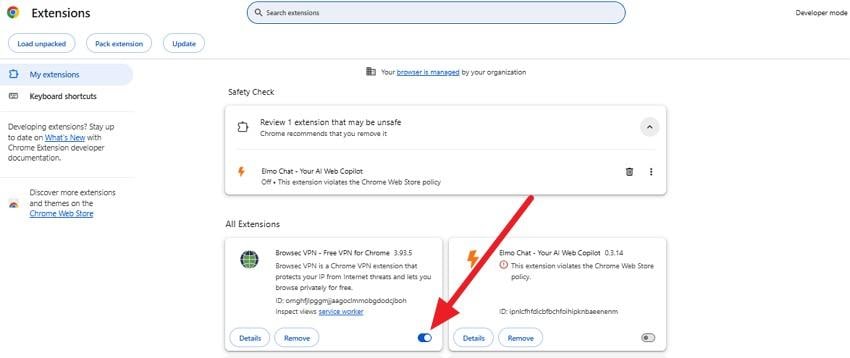 disable the extensions