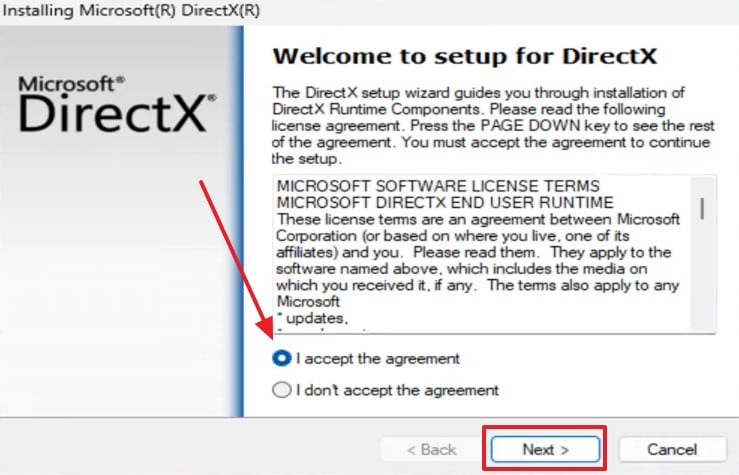 DirectX 설치 약관 동의 화면