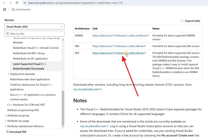 Visual C++ 재배포 가능 패키지 다운로드 페이지