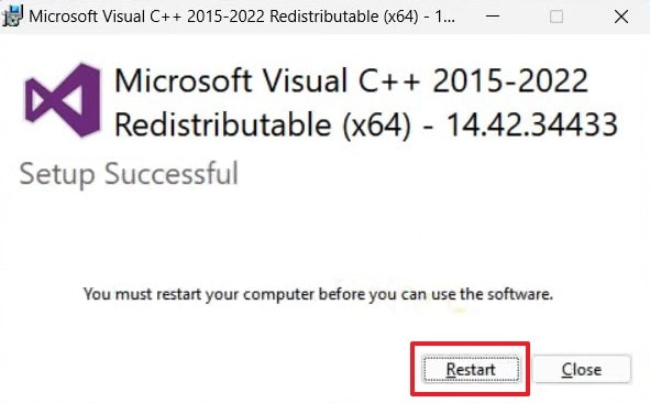 Visual C++ 재배포 가능 패키지 설치 완료 화면