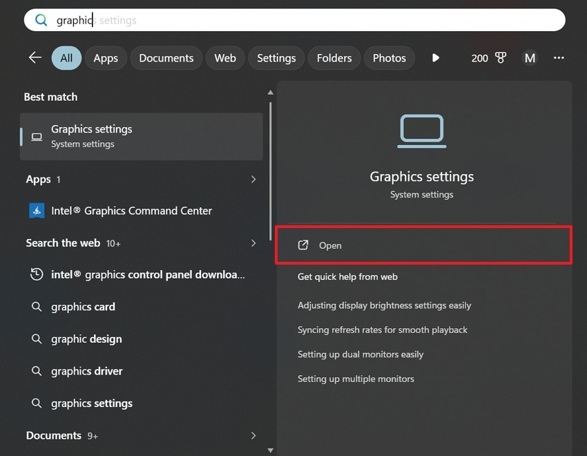 Windows 그래픽 설정 열기