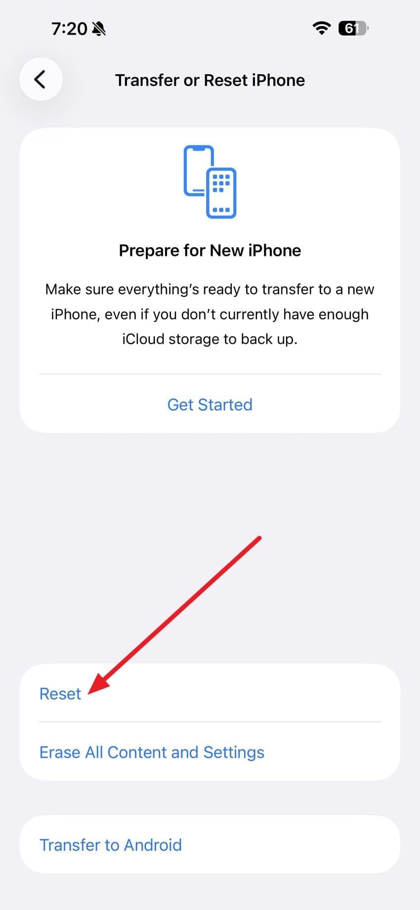choose the reset option