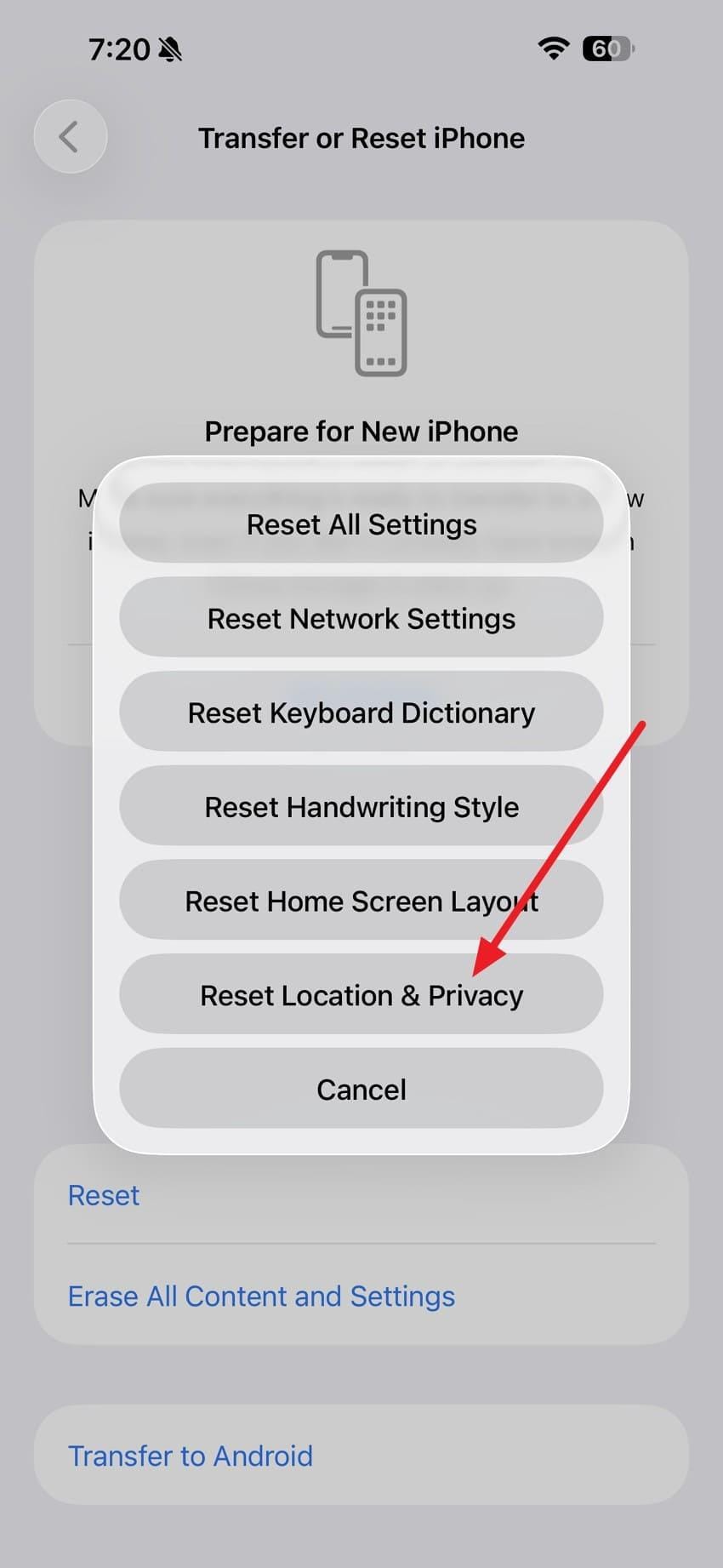 reset the location and privacy