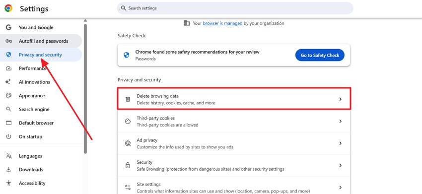 delete browsing data
