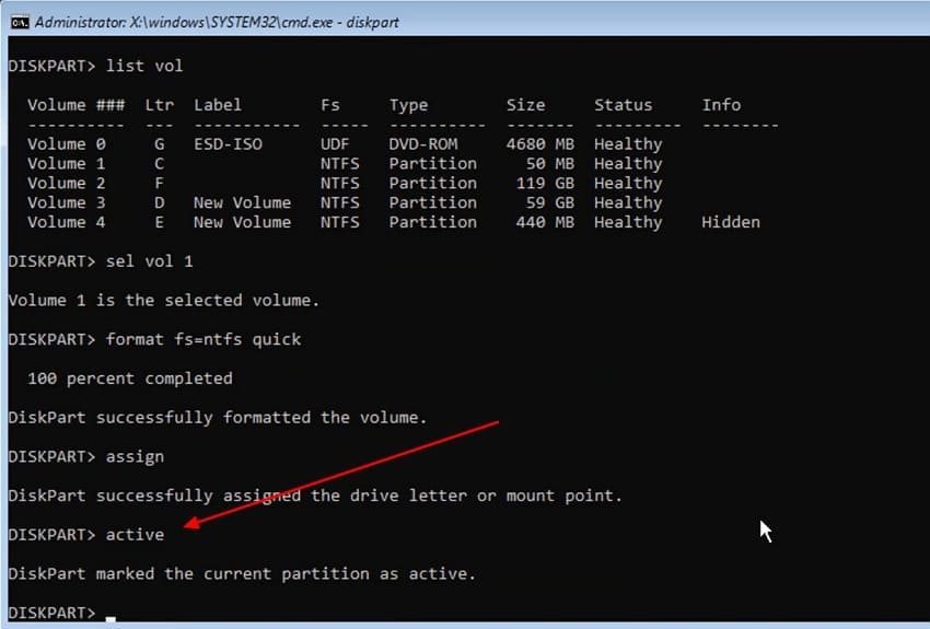 set partition active cmd