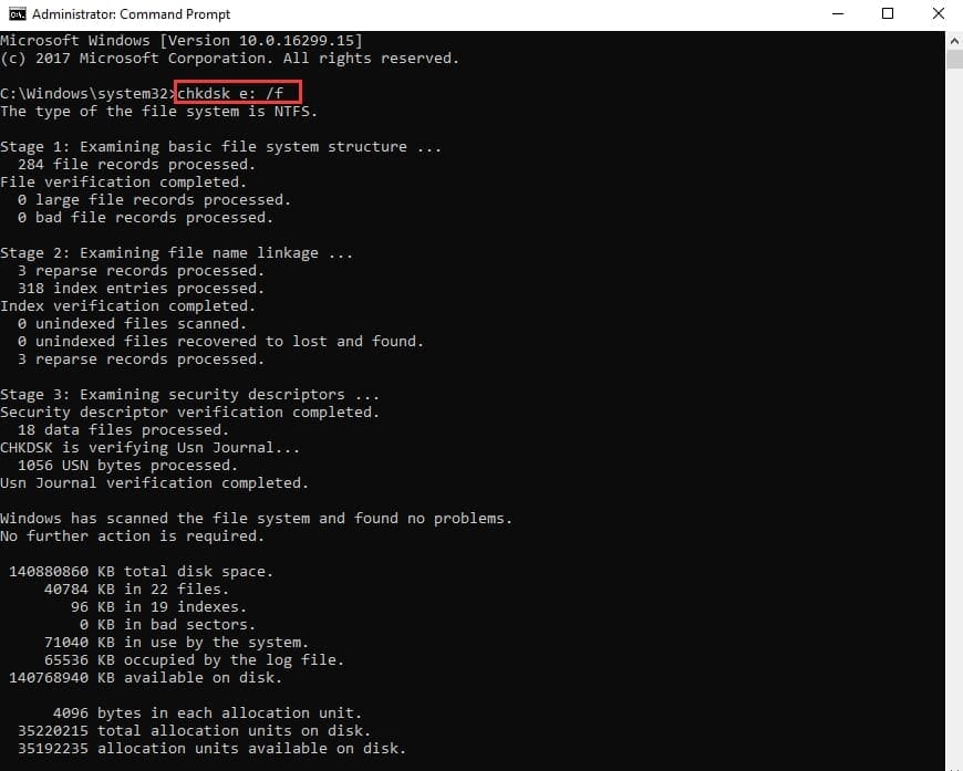 run chkdsk command file system error