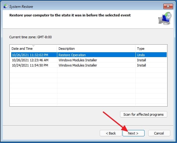 choose system restore point