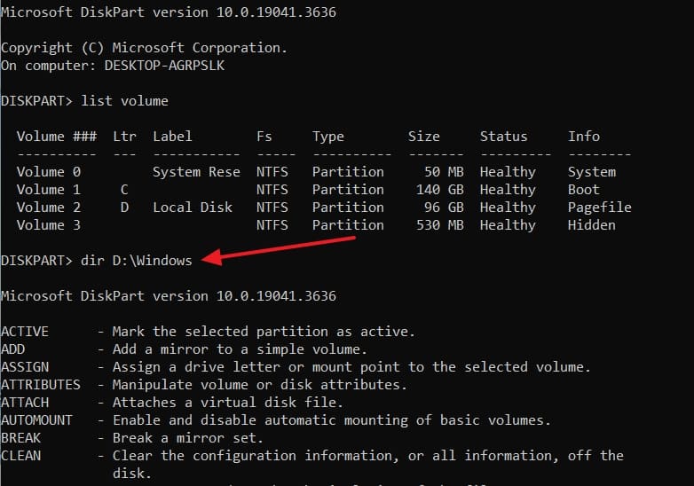 run directory windows partition diskpart