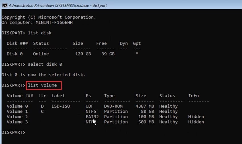 list volume diskpart cmd winre