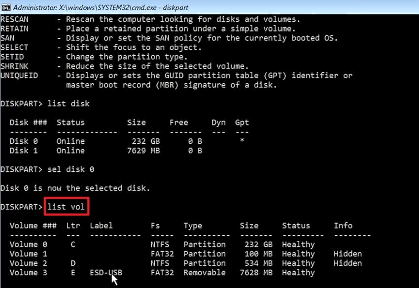 windows cmd list volume