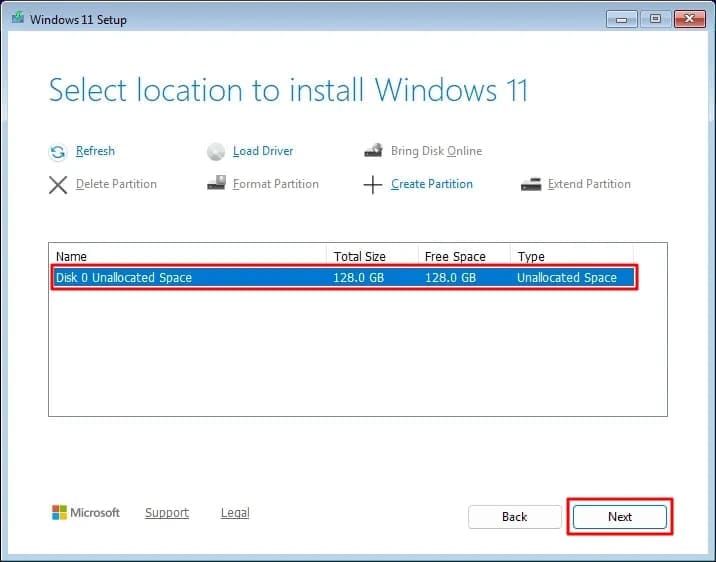 selection unallocated disk drive