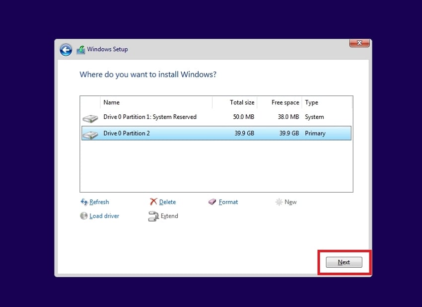 installing windows primary partition