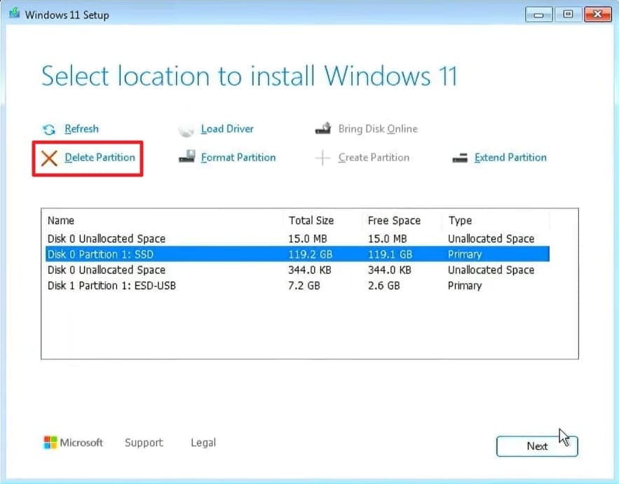 delete existing partition windows setup