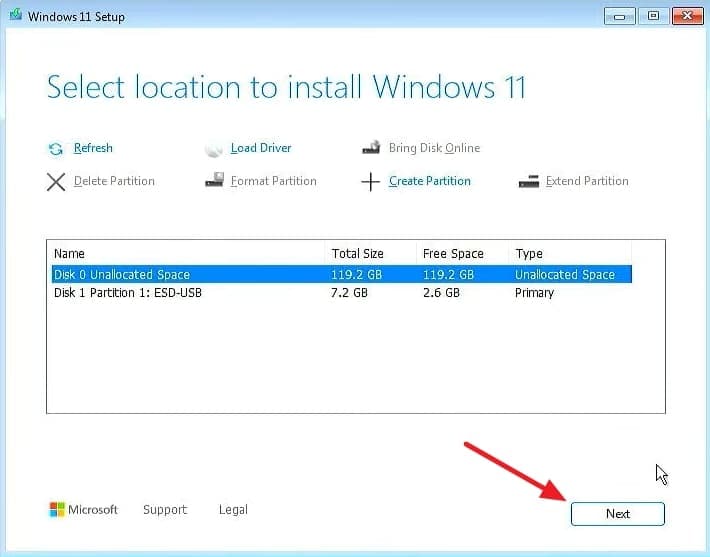 install windows unallocated space