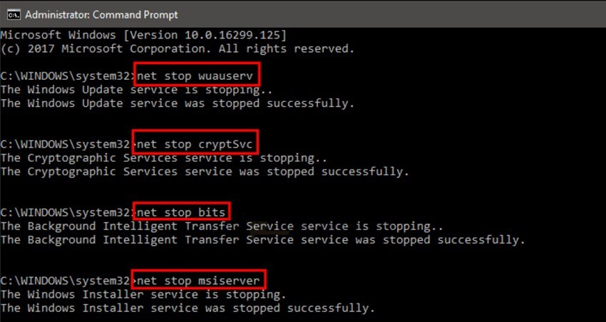 stop windows update services commands