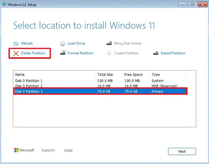 delete target installation partition