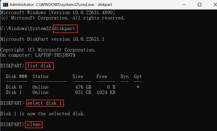 run diskpart clean command