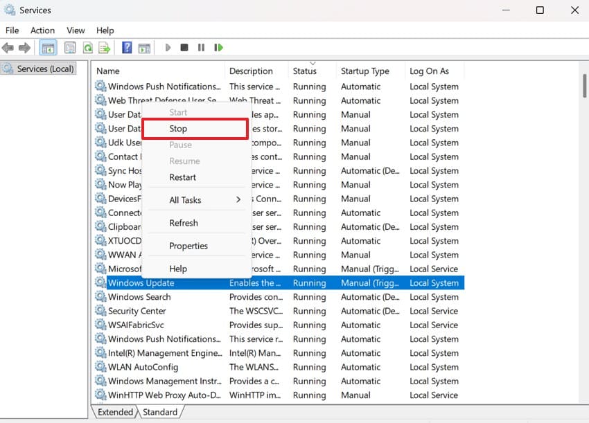 stop windows update service