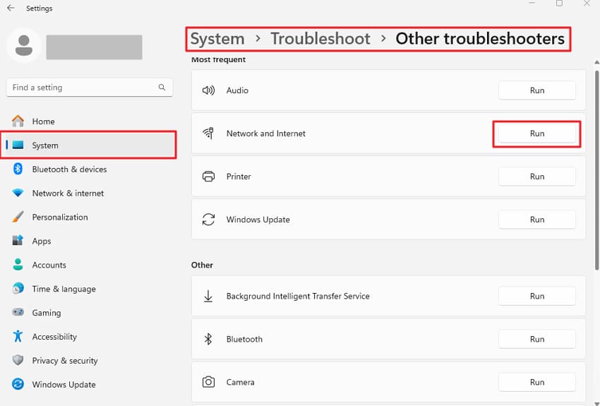 run network and internet troubleshooter