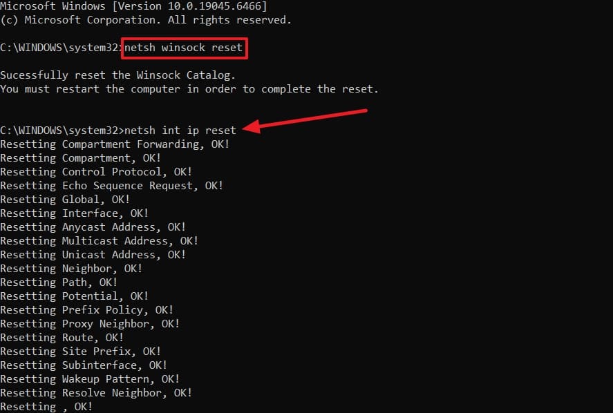reset winstock with cmd