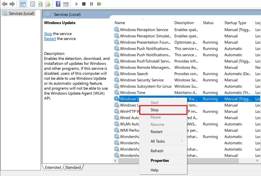 windows update bits stop from services