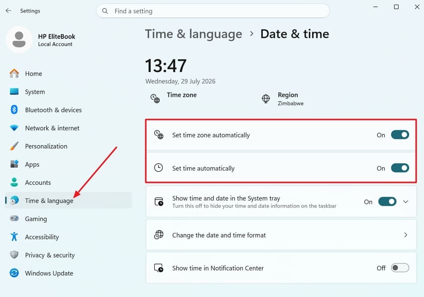 access settings time language