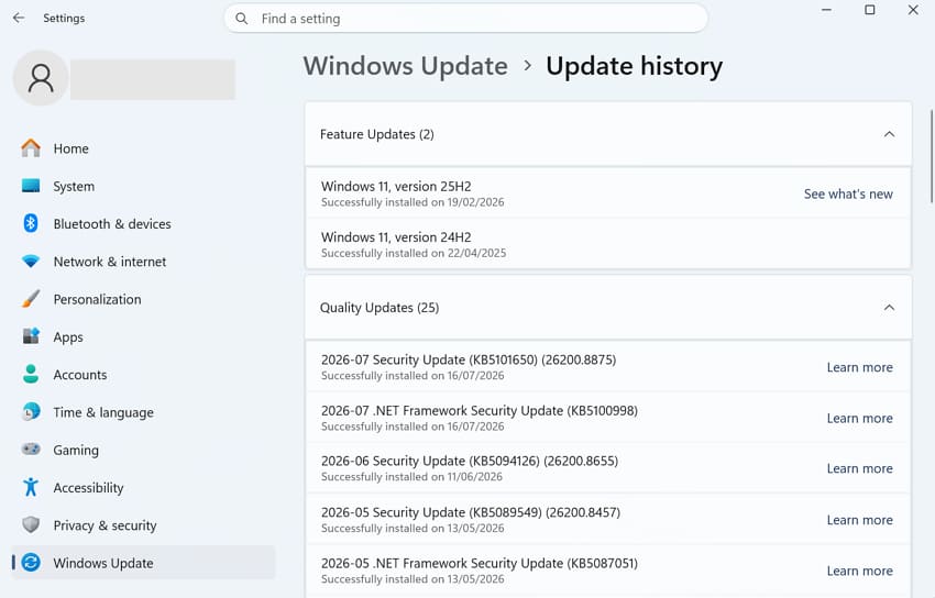 access windows update history