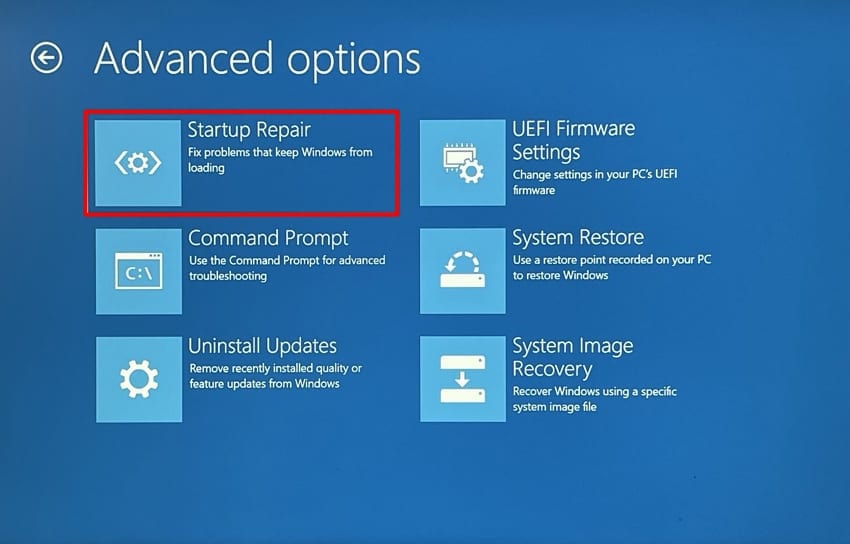 startup repair advanced options