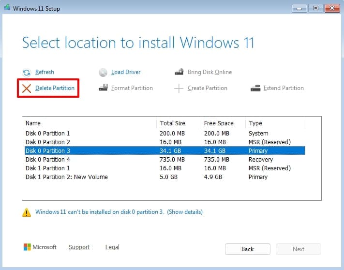 delete failed installation partitions