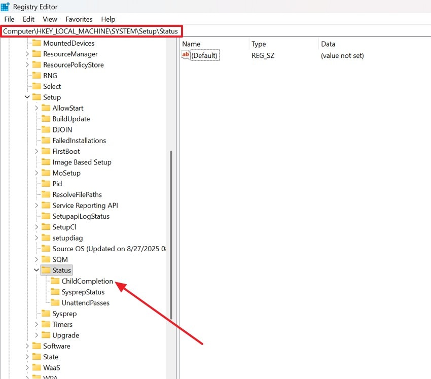 navigate to childcompletion registry key