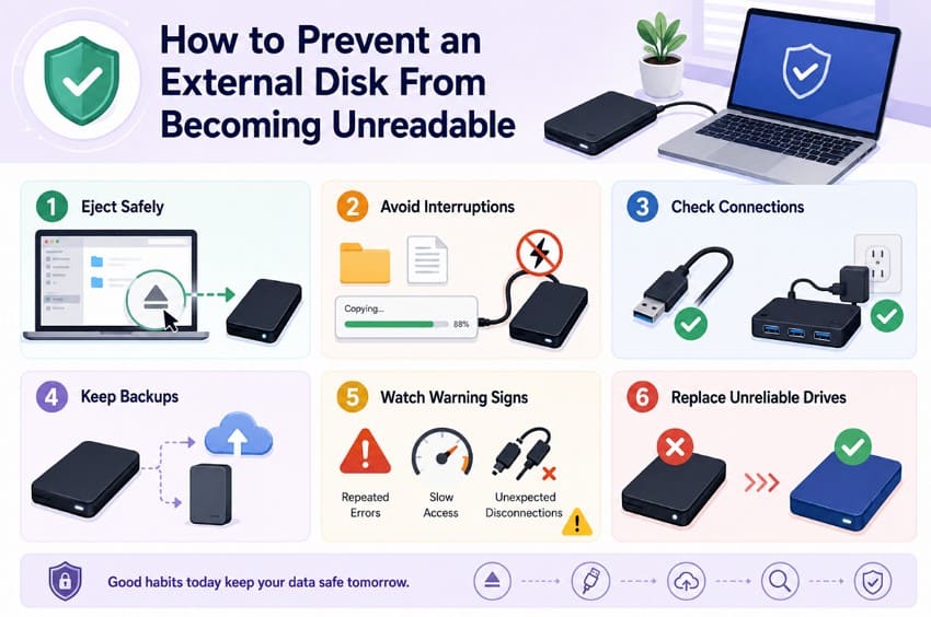 prevent external disk becoming unreadable