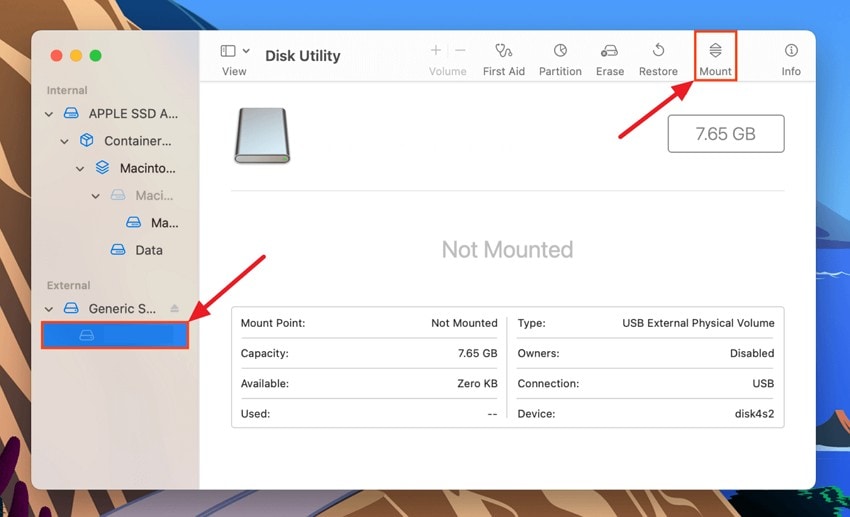 mount volume in disk utility