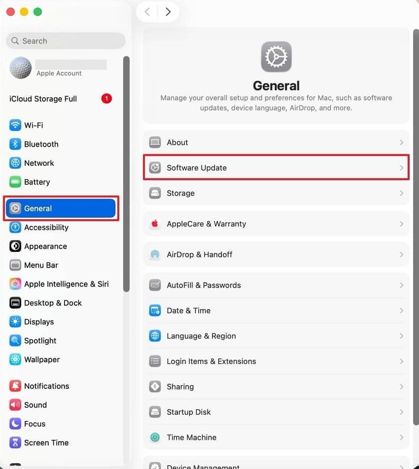 open software update settings