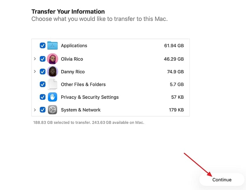 choose categories migration assistant transfer