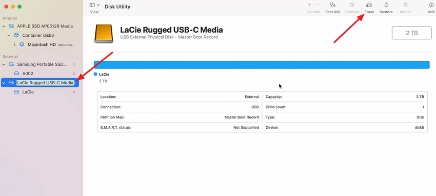 physical external disk selected for erase