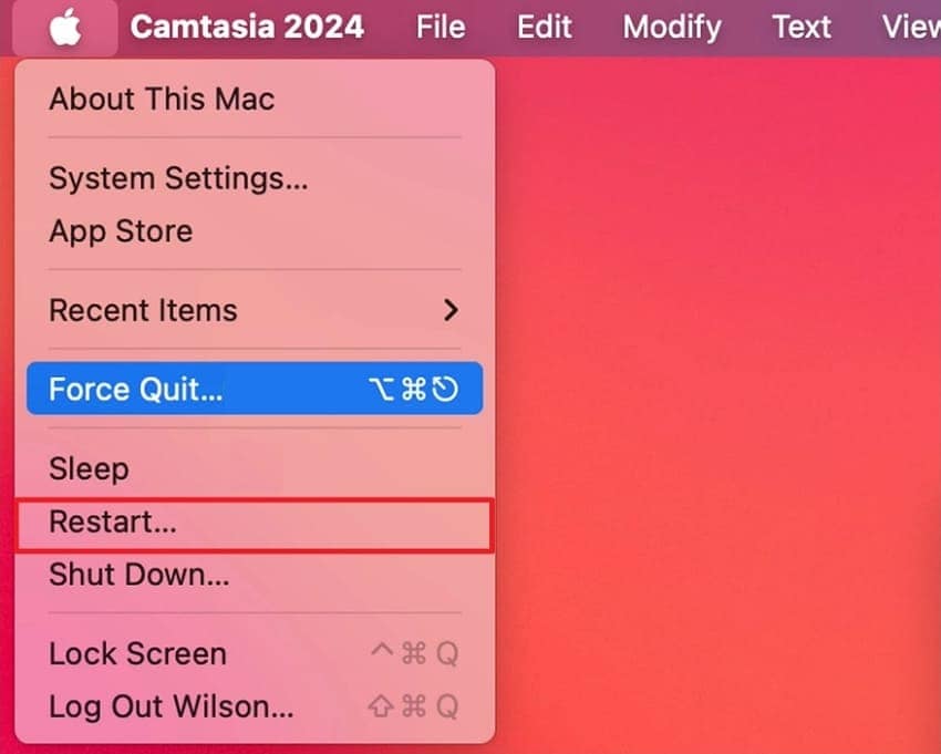 restart option selected on mac