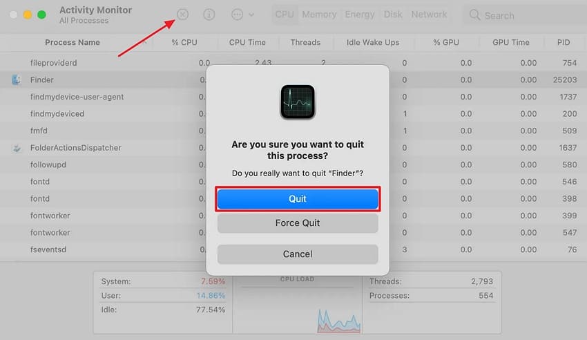 activity monitor quits active process