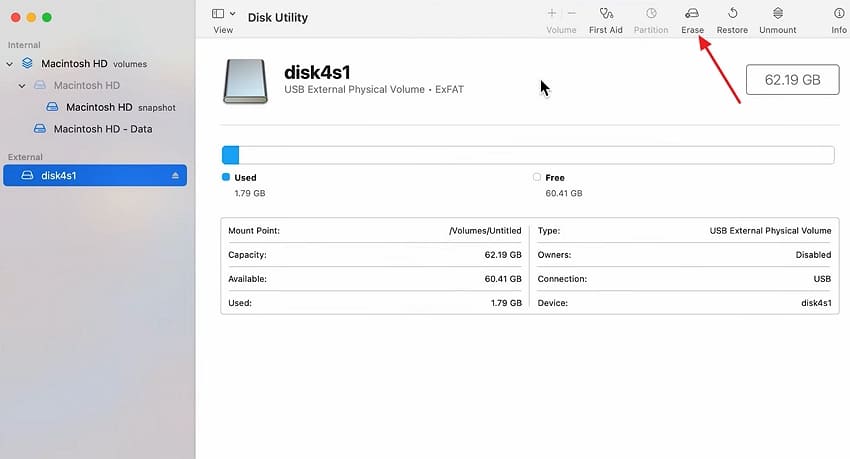 disk utility displays card erase