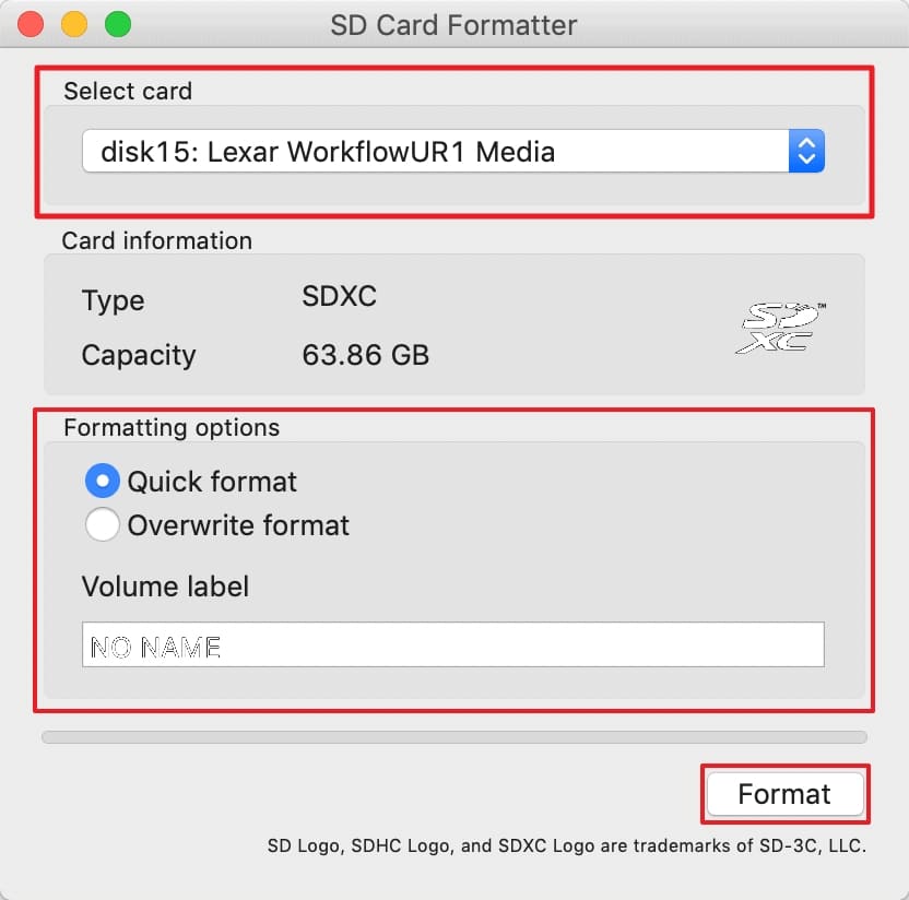 sd card formatter mode selection