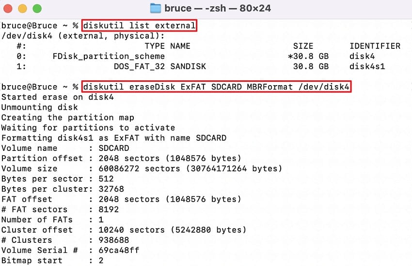 diskutil command erases memory card