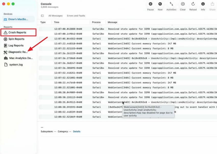 inspect console crash reports