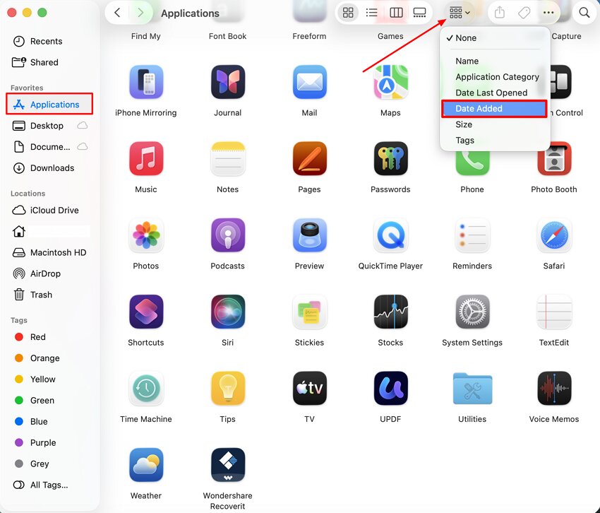 sort recently modified mac apps